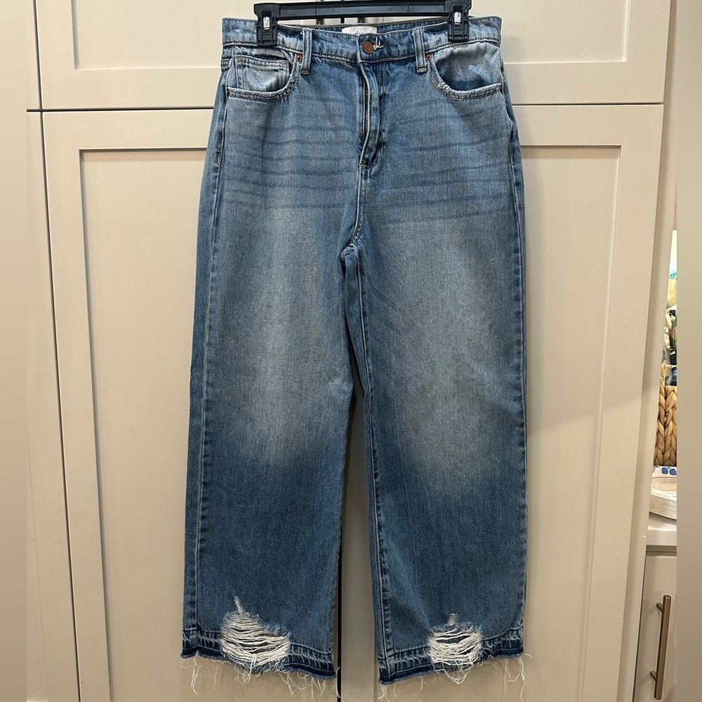 Sneak Peek Light Blue Distressed Wide-Leg Jeans